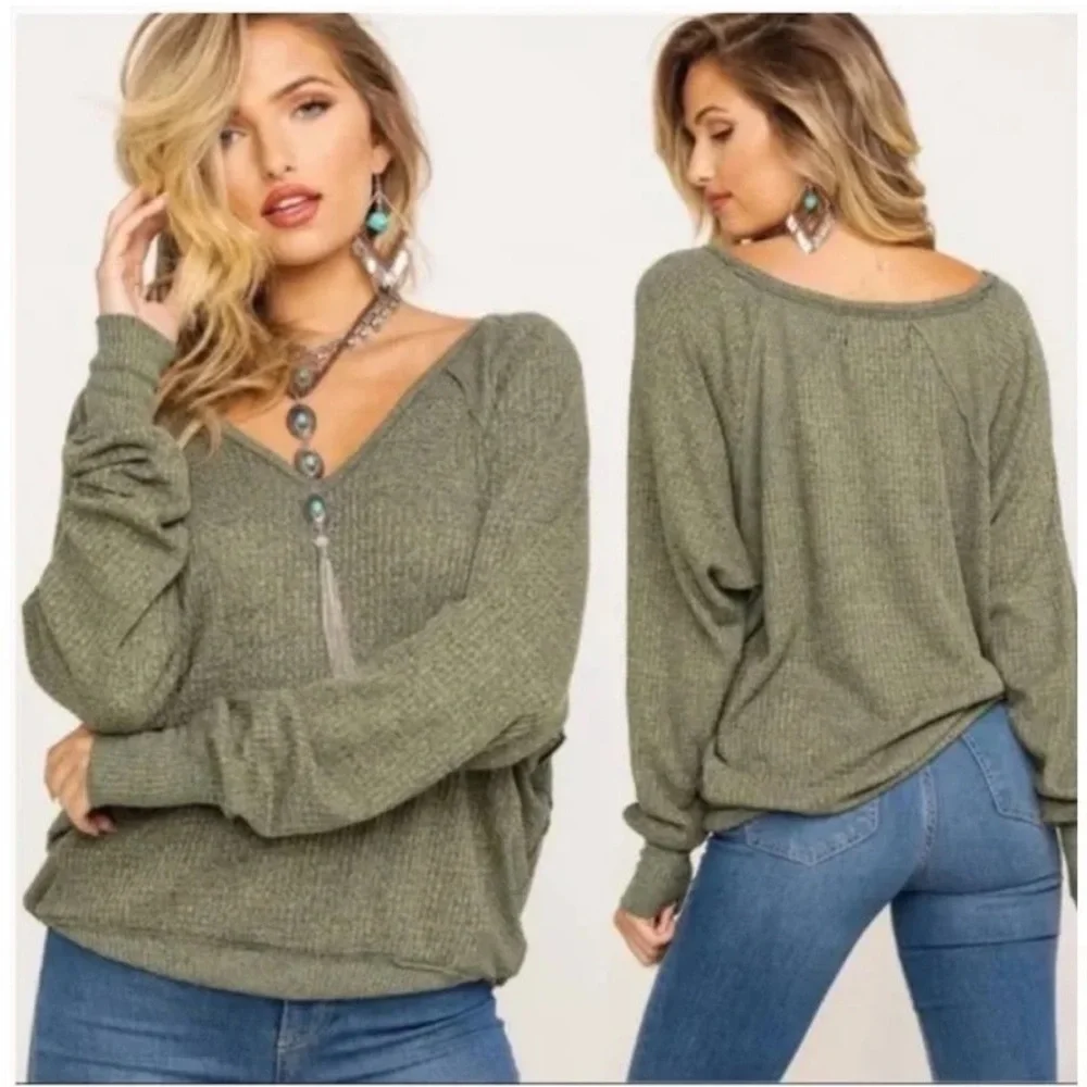 Free People Santa‎ Clara Thermal BOHO Long Sleeve V-Neck Shirt Top Ferngully NWT